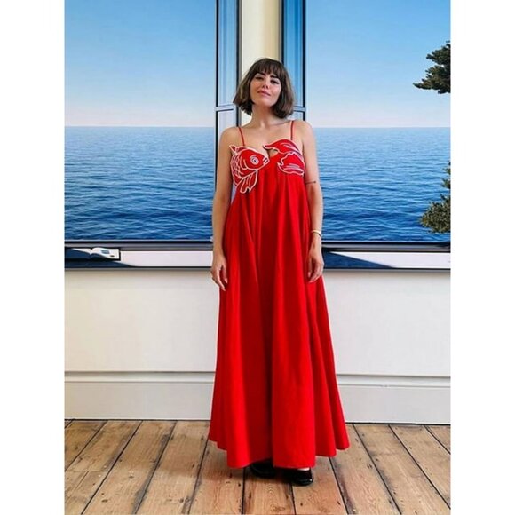 NEW! BEAUTIFUL SOLID KOI FISH PLEATED RED DRESS NEW - Picture 6 of 15